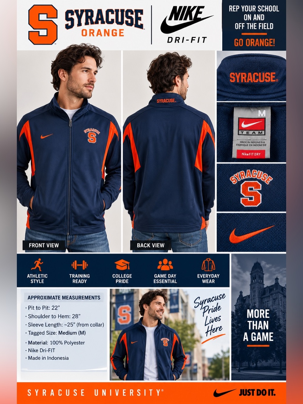 Nike Team Syracuse Orange Dri-FIT Full Zip Track Jacket Men’s Medium Navy